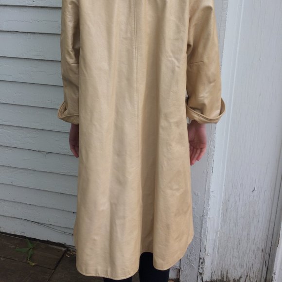 Open Front Leather Coat 60s Champagne Ivory Pleather Fur Trim Midcentury - Picture 8 of 8